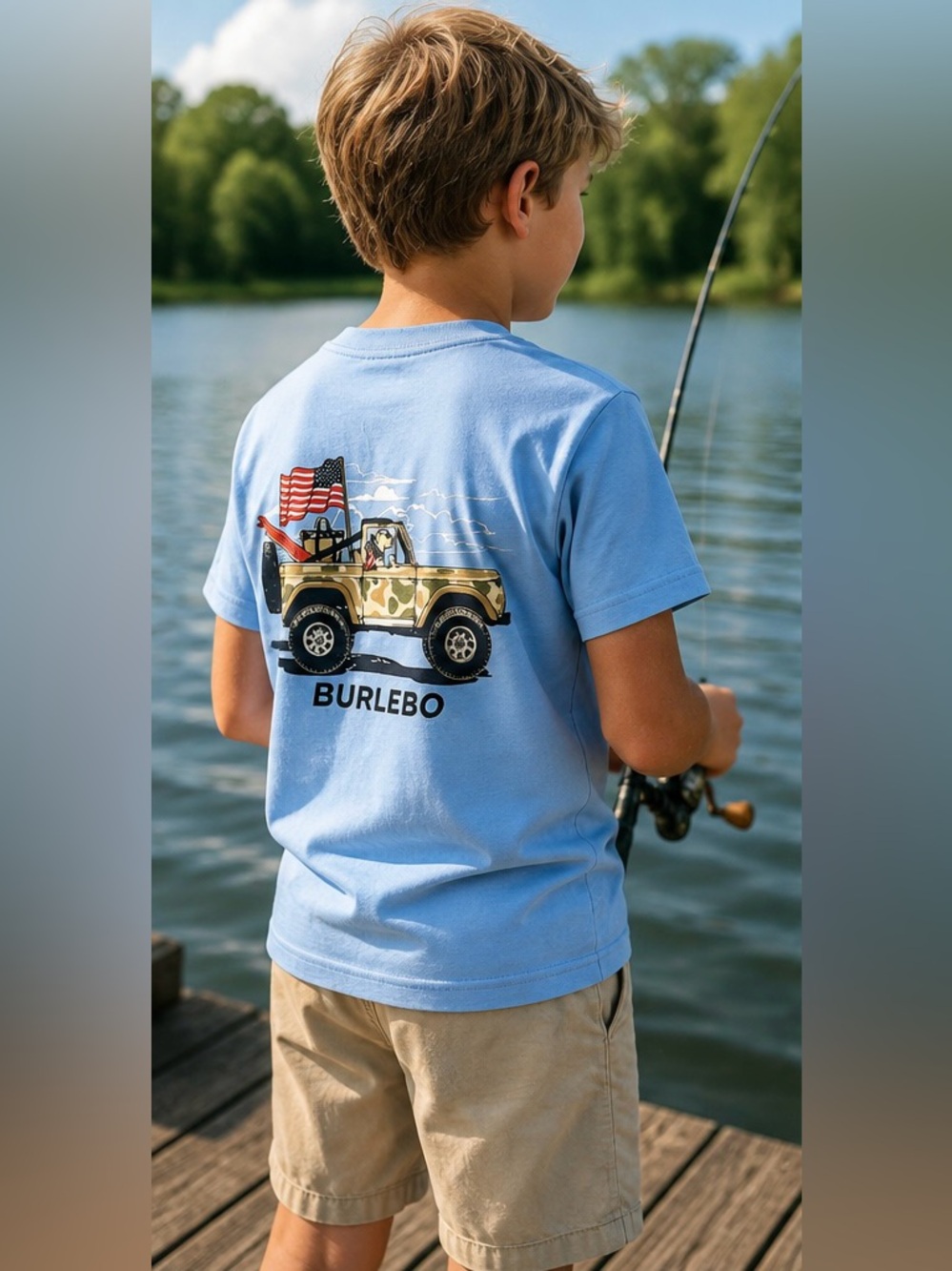 BURLEBO Light Blue Kids Tee with Camo Jeep & Flag Graphic